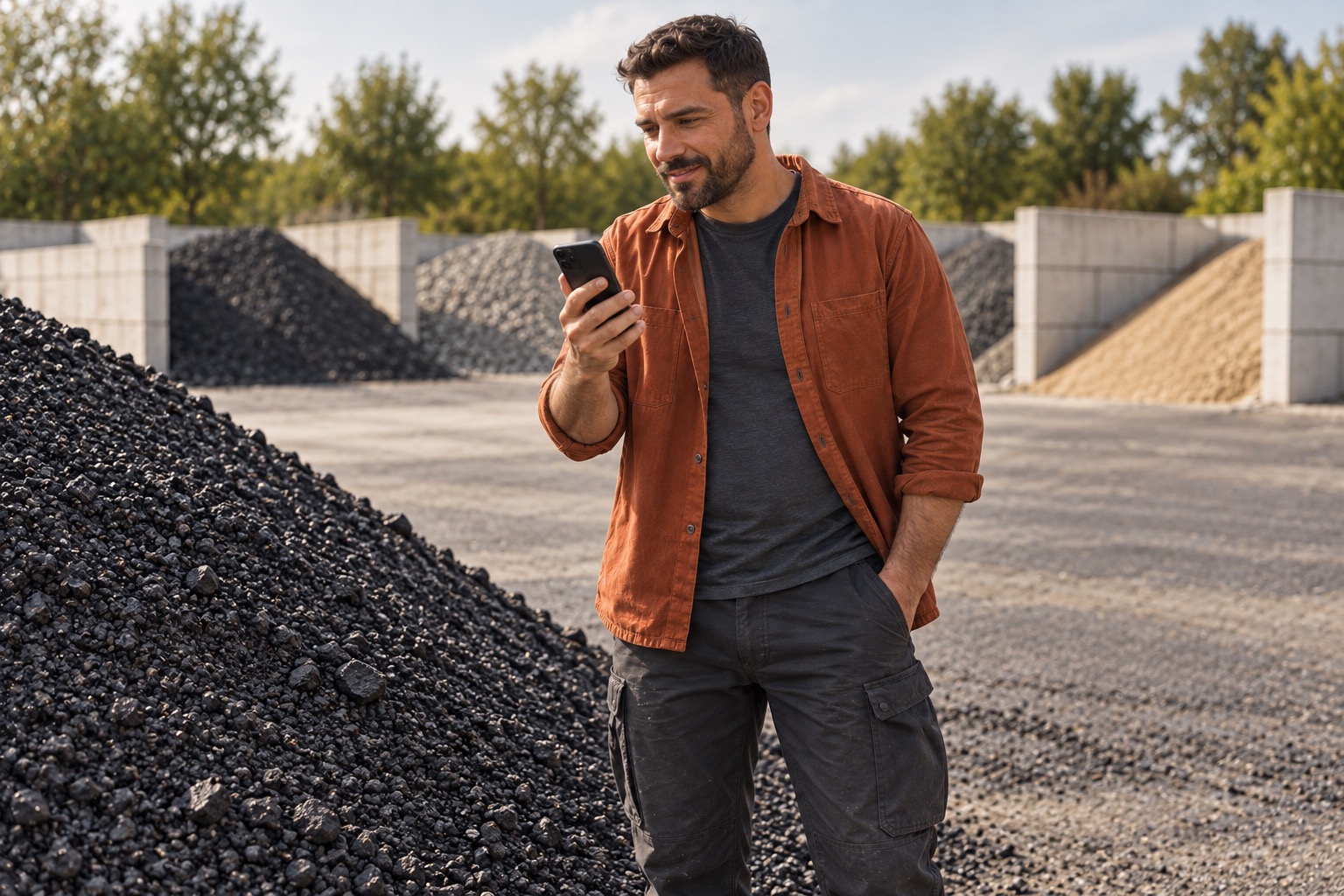 Contractor beside a small tidy pile of asphalt aggregate sample at a supplier yard