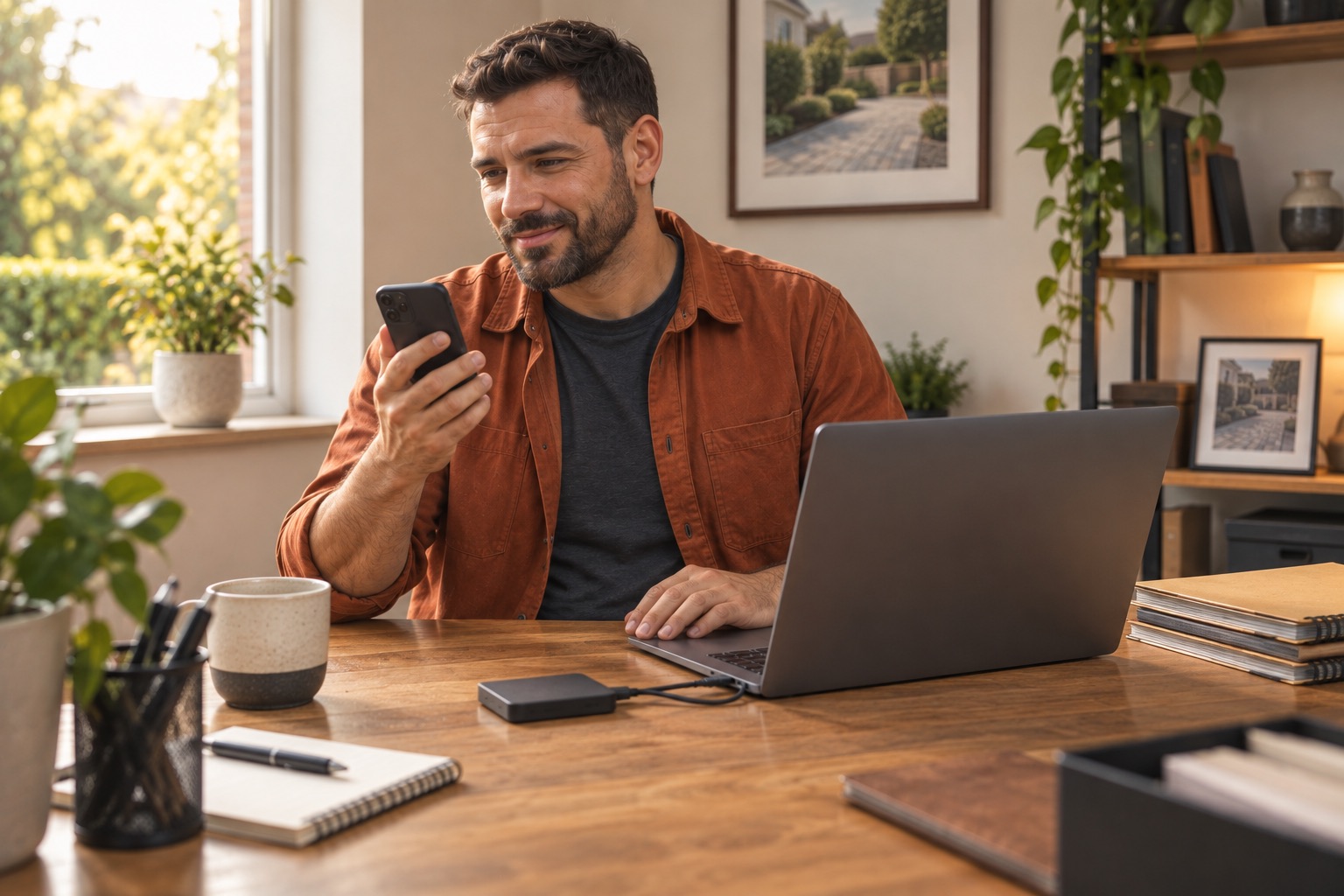 Contractor at home desk with iPhone and open laptop