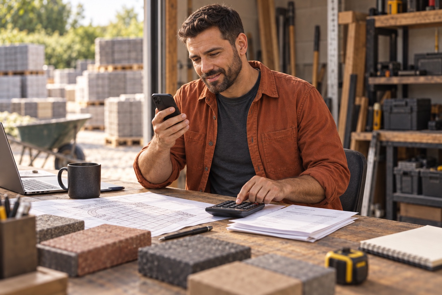 Contractor at workshop desk with phone