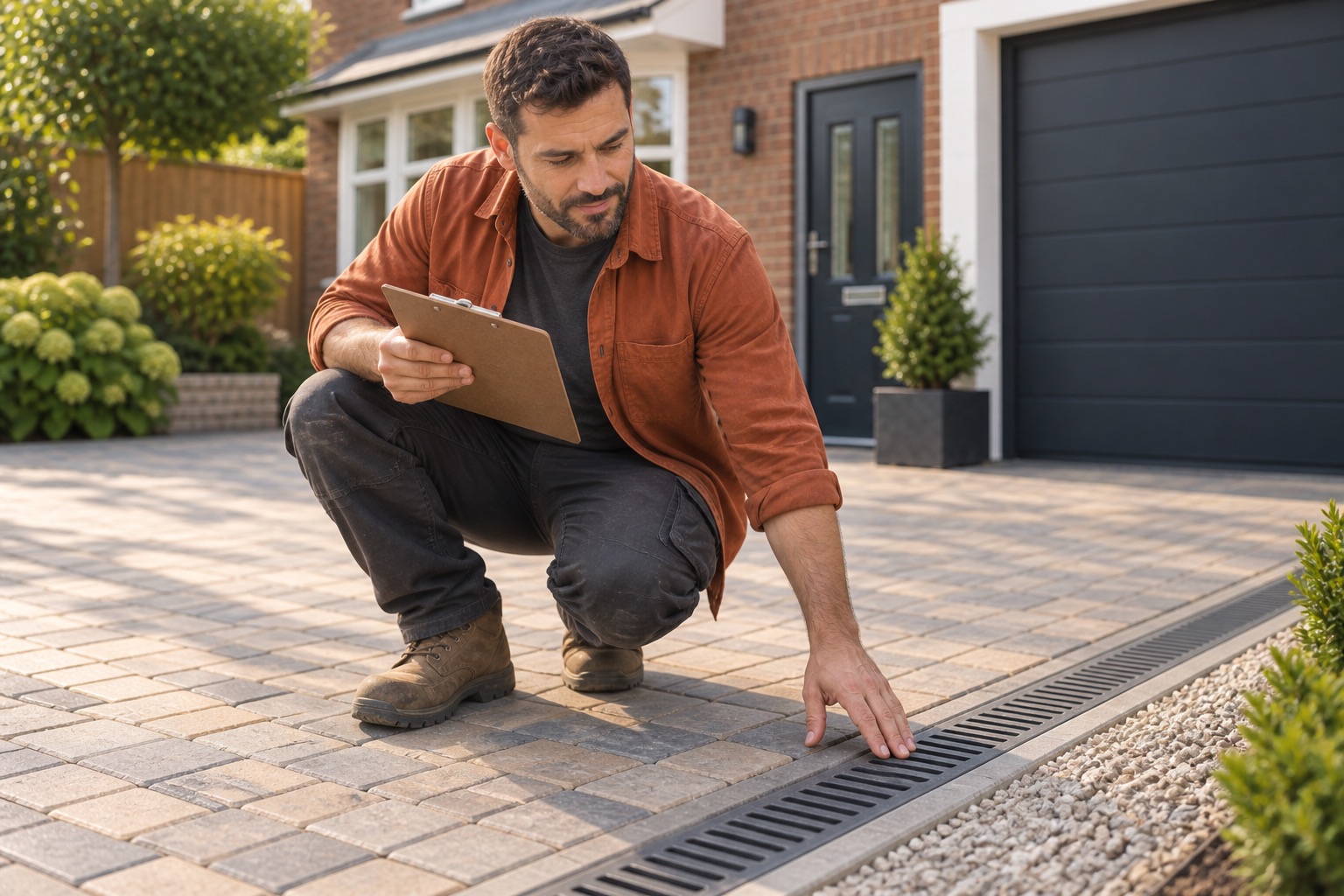 Contractor examining a linear drainage channel beside a driveway