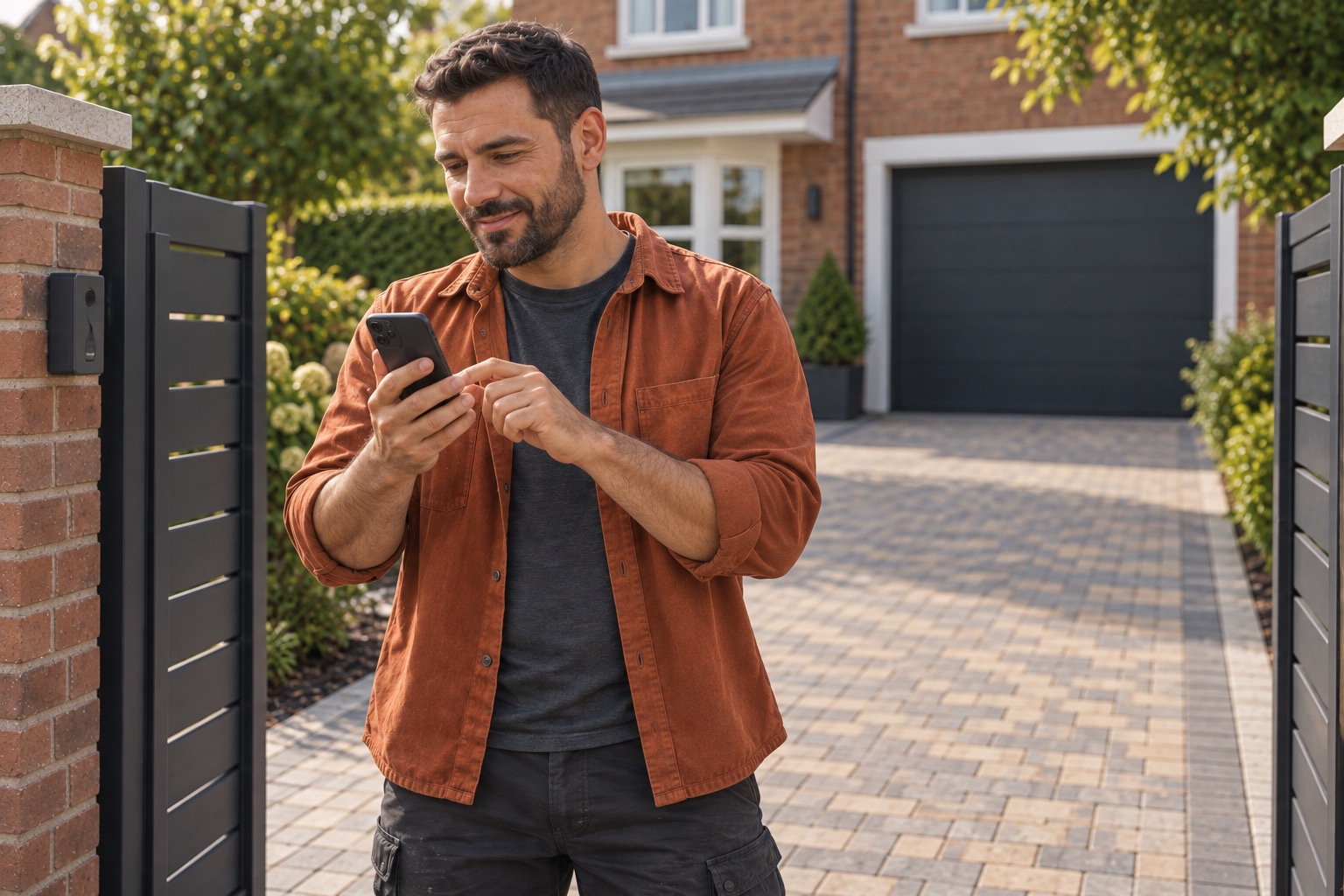 Contractor beginning a job record on his dark iPhone at a suburban driveway gate