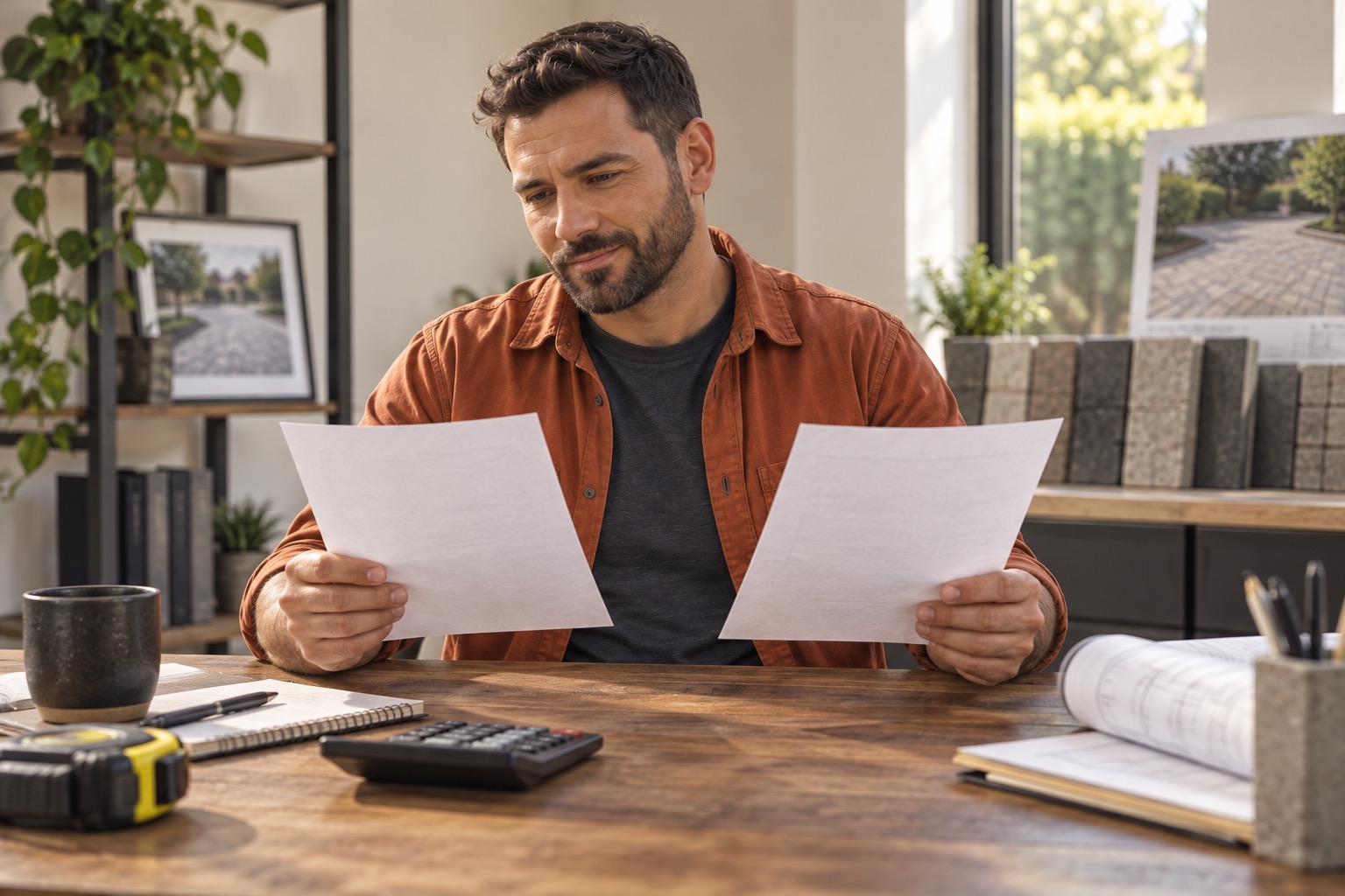 Contractor comparing two simple paper cost sheets side by side at desk