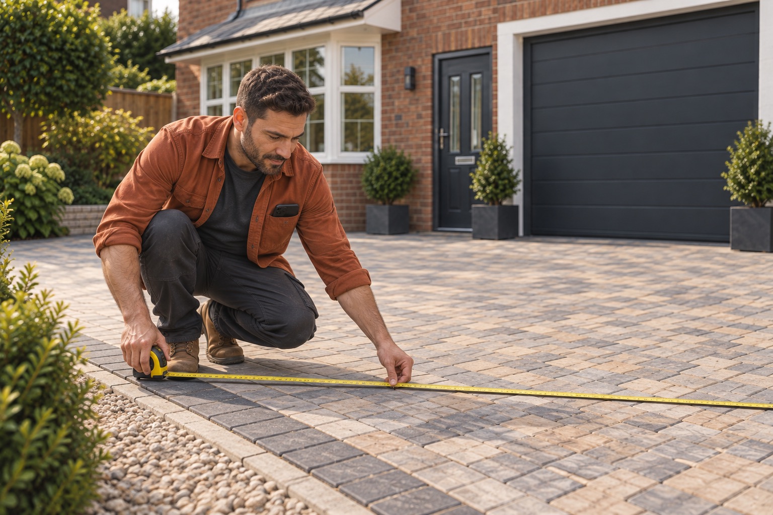 Contractor crouching at driveway edge measuring a straight boundary with a tape measure