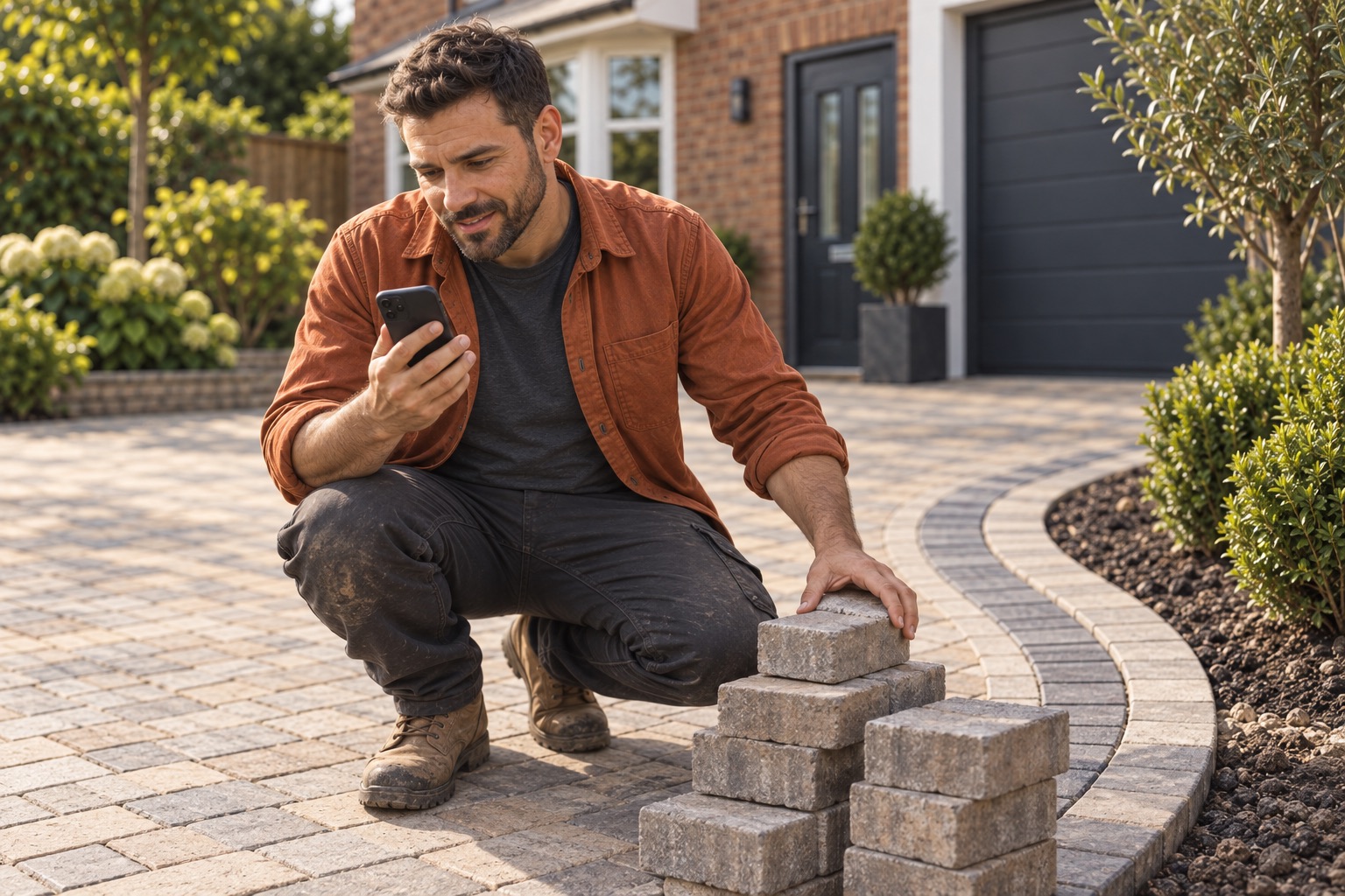 Contractor counting a small stack of spare paving blocks next to a finished curved paving border