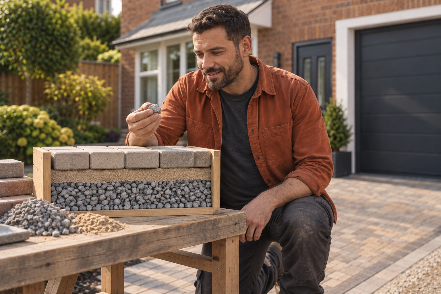 Contractor kneeling beside a neat freestanding physical sample tray showing separated gravel