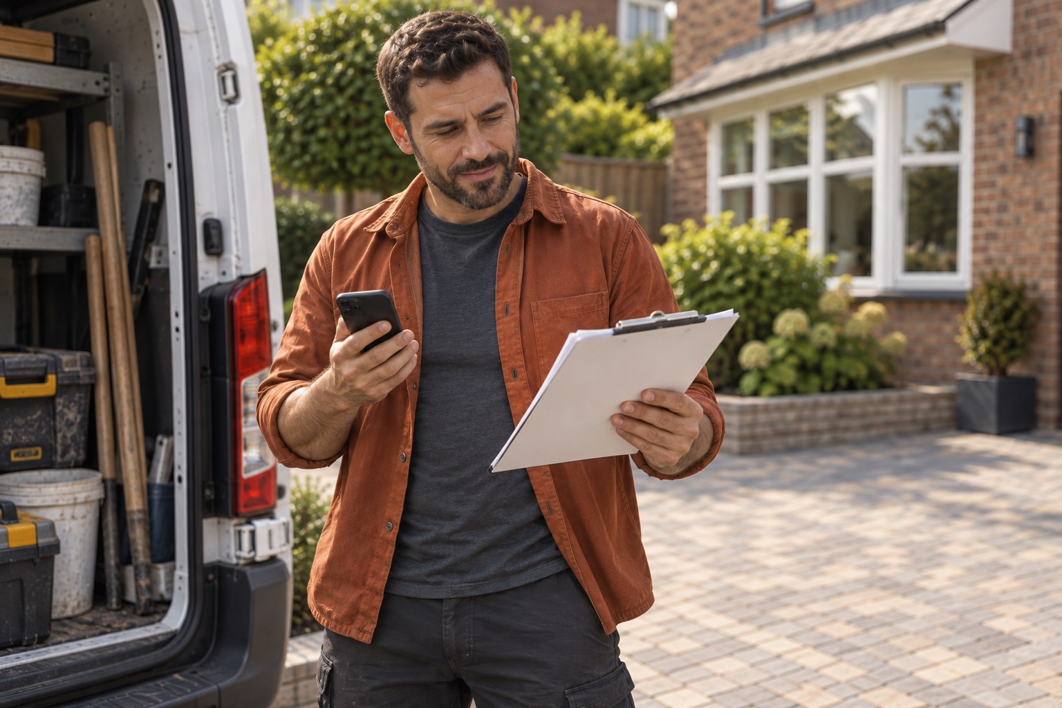 Contractor checking a neatly presented printed quote document on clipboard beside parked work van