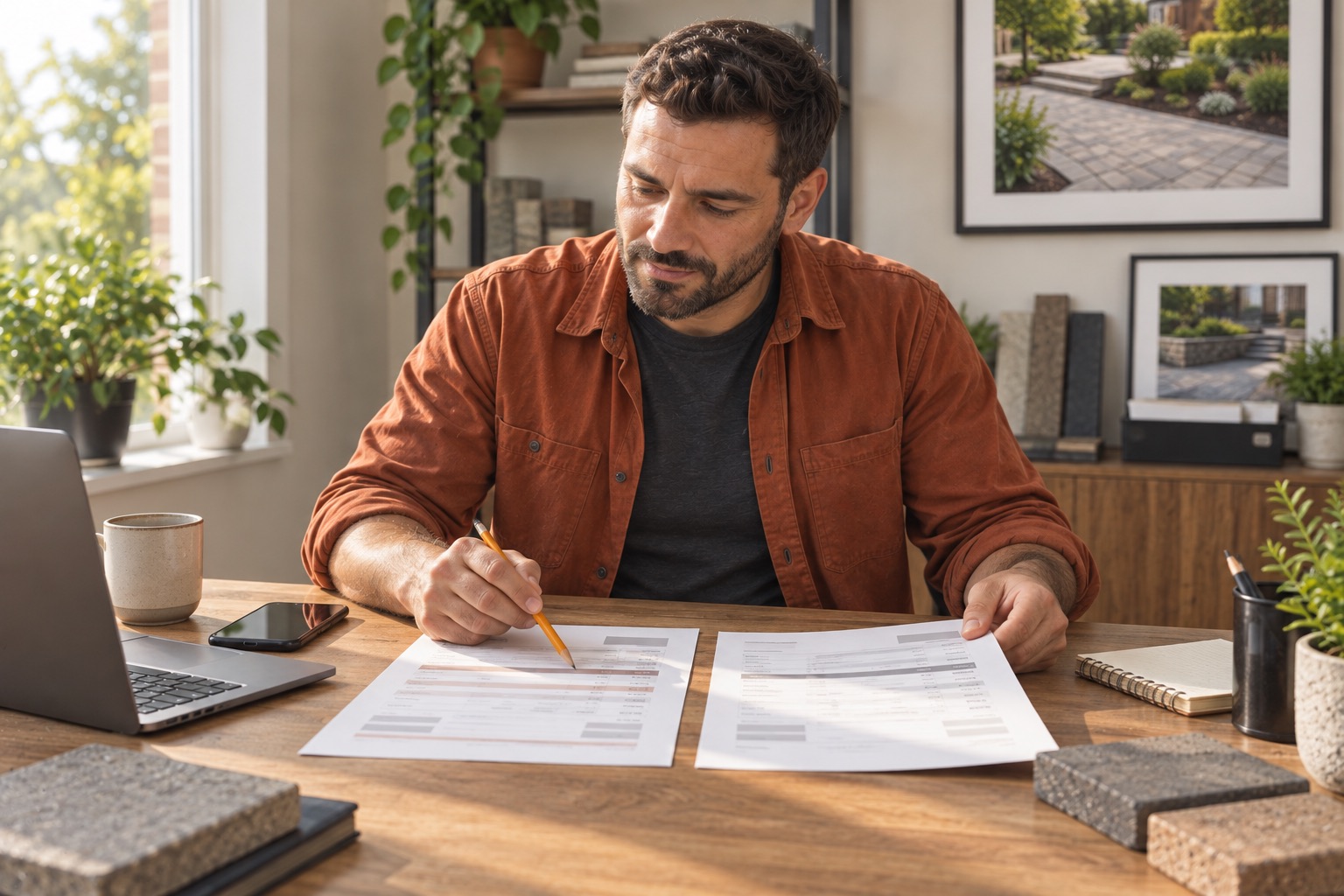 Contractor at tidy desk comparing two document versions with a pencil pointing at a change