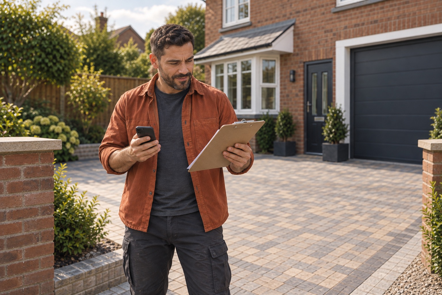 Contractor standing at driveway entrance reviewing a clipboard with an indistinct checklist
