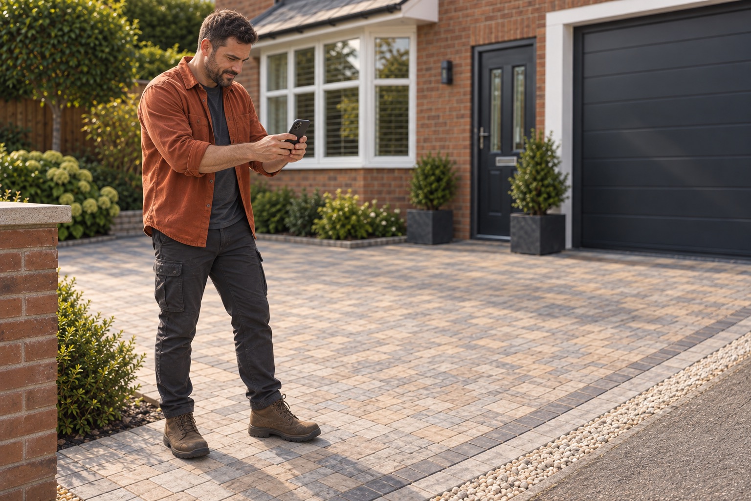 The same contractor checking the driveway boundary with his iPhone